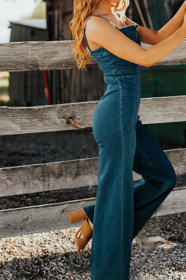 Women's Denim Jumpsuit - Sleeveless Notch Neck - Wide Leg Tailored Fit 2