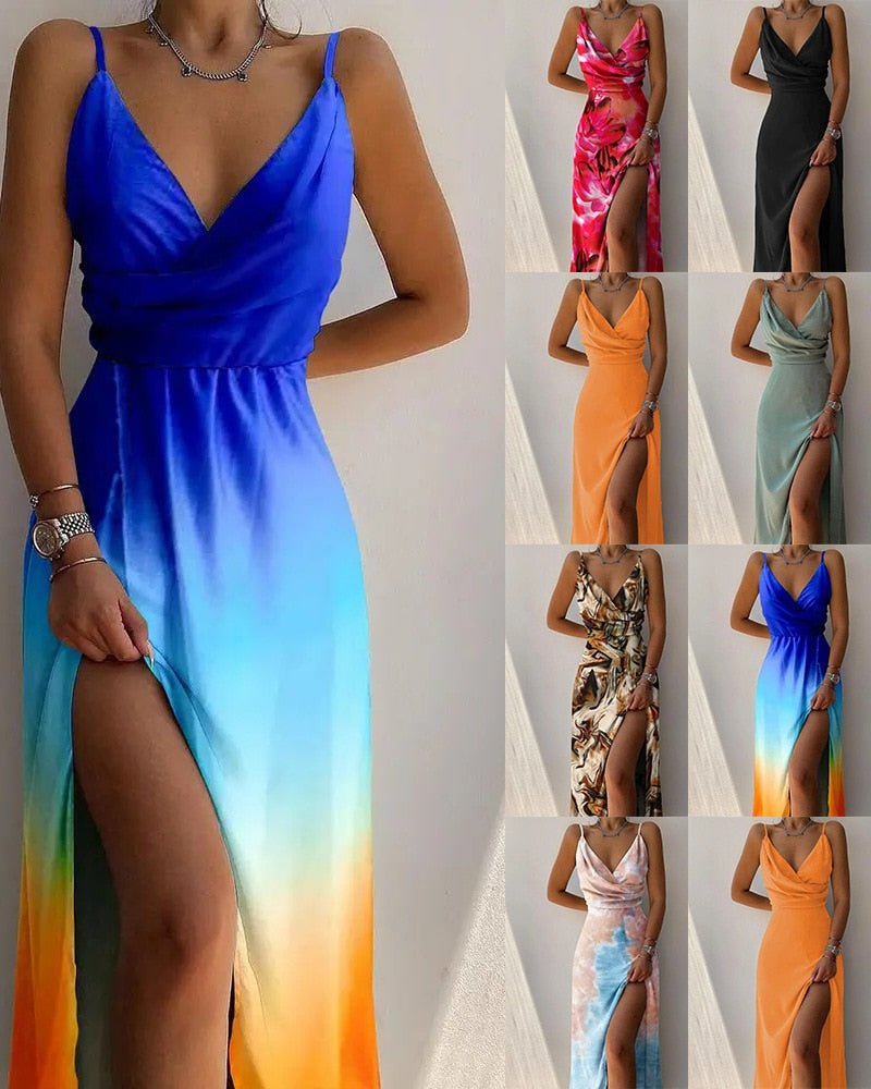 Women's Dress - Draped Neckline - Spaghetti Straps - High Slit - Floral Print 6