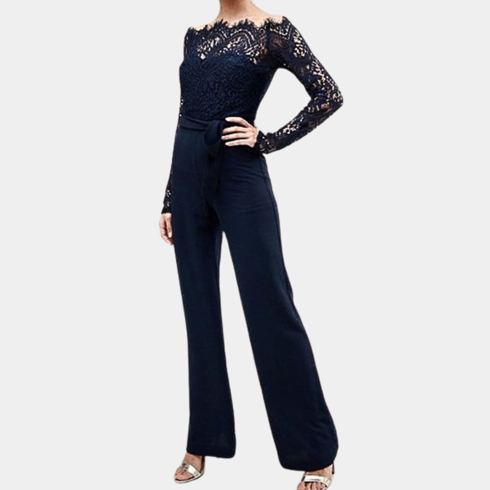 Women's Elegant White Jumpsuit Size M Lace Off-Shoulder Long Sleeve 0