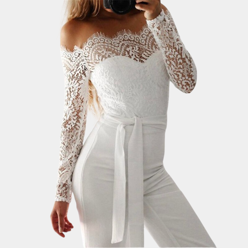 Women's Elegant White Jumpsuit Size M Lace Off-Shoulder Long Sleeve 1