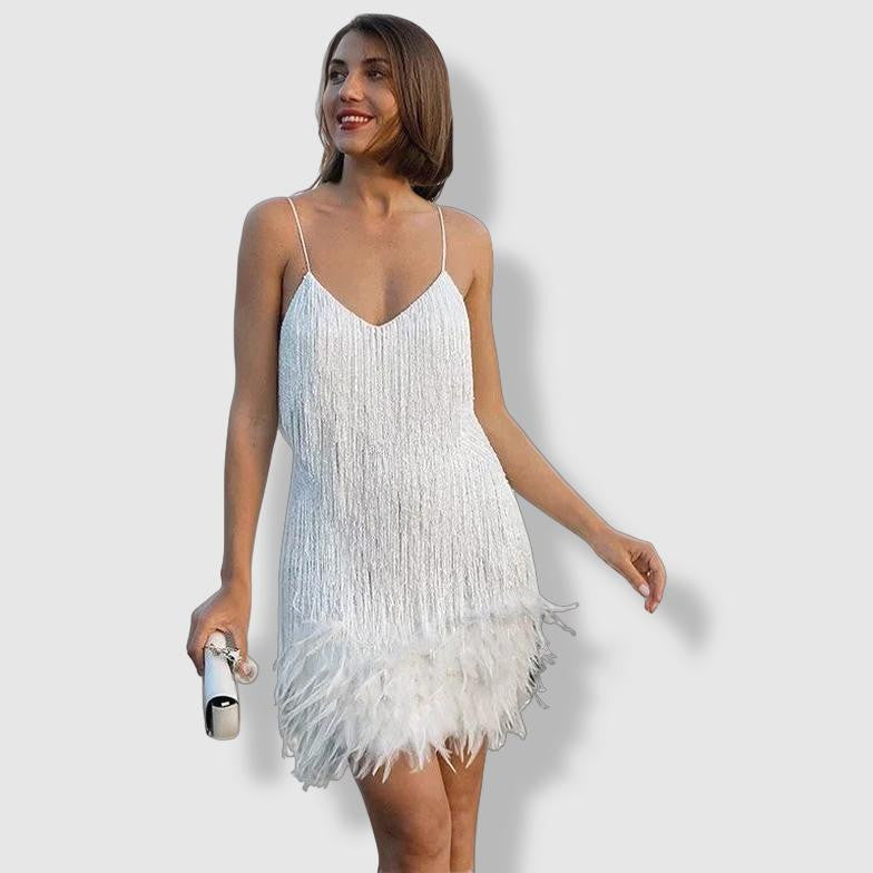 Women's Evening Dress - Fitted Silhouette - Sequin Fringe Detailing - Feather Hem 0