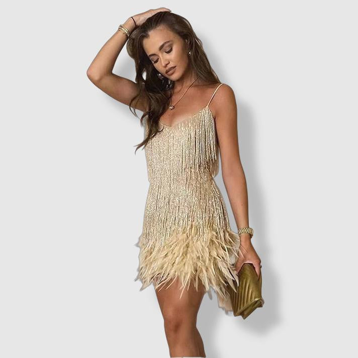 Women's Evening Dress - Fitted Silhouette - Sequin Fringe Detailing - Feather Hem 1