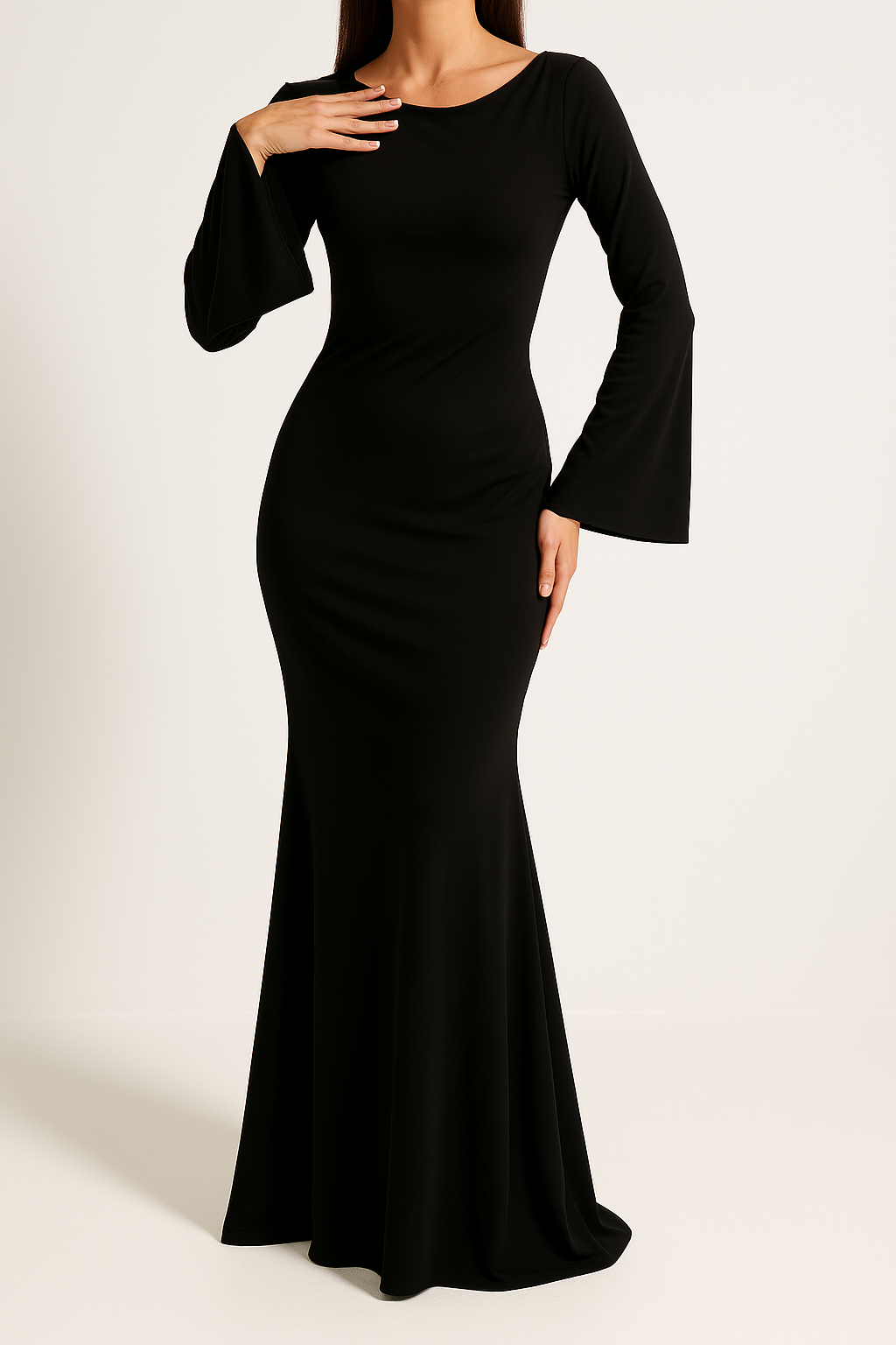 Women's Evening Gown - Floor Length - Fitted Bodice - Long Flared Sleeves - Elegant Fit 1