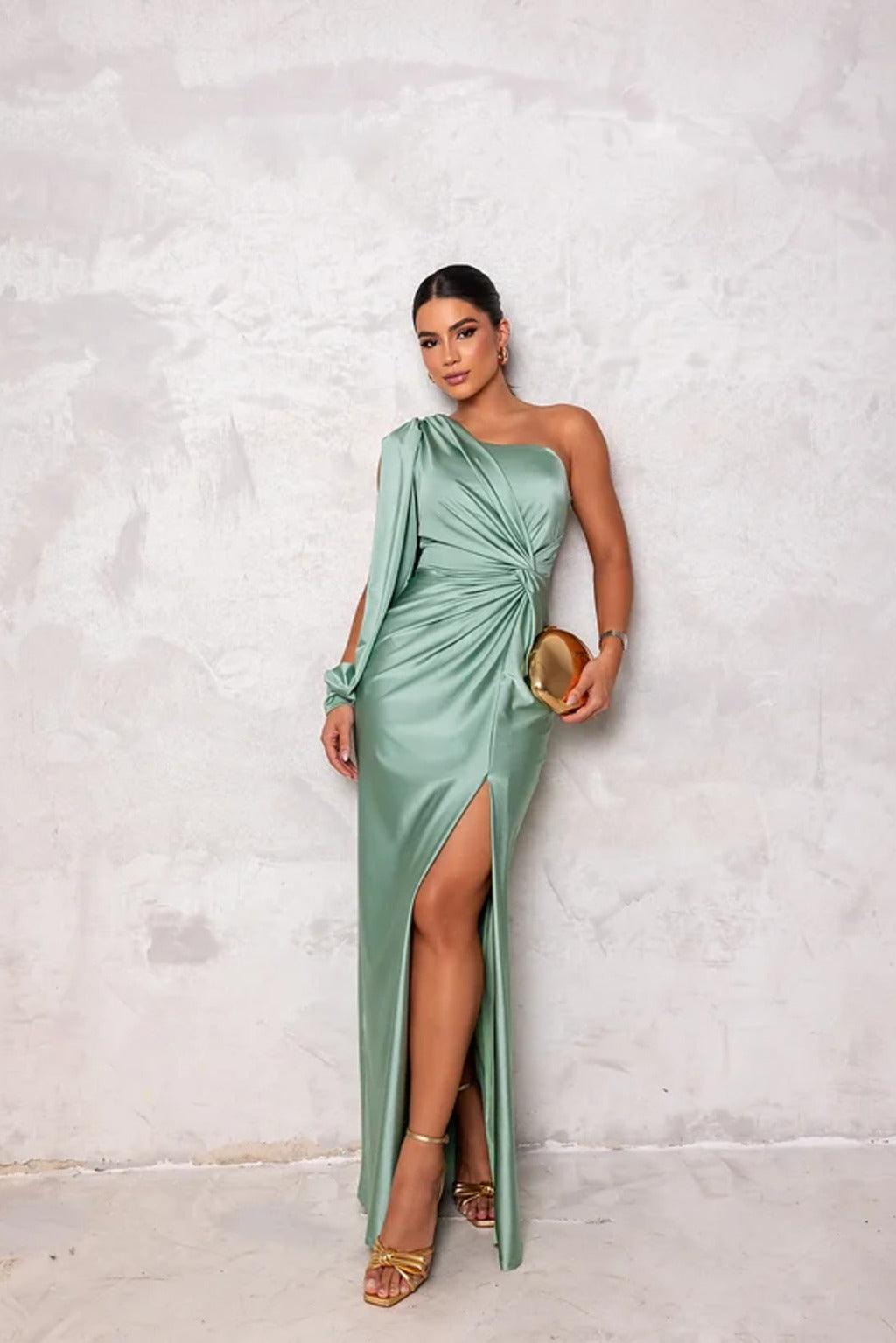 Women’s Evening Gown – One Shoulder – Long Sleeve – High Slit – Fitted Elegant Fit 4