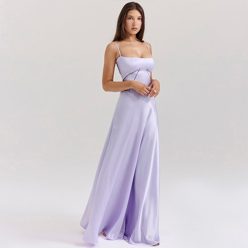 Women’s Evening Gown – Satin A-Line – Spaghetti Straps – Cut-Out Waist – Full Length 1