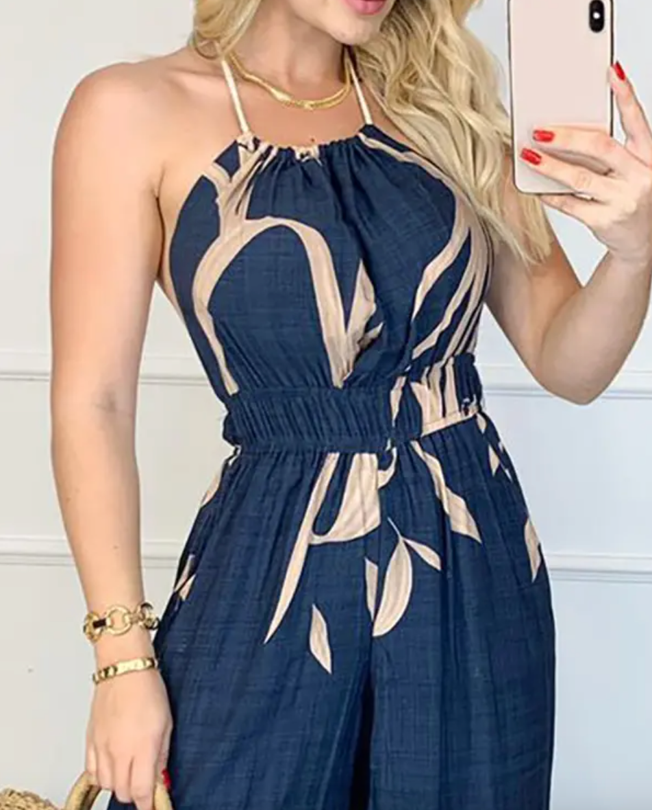 Women's Floral Print Jumpsuit with Halter Neck and Cinched Waist – Lightweight Wide-Leg Summer Style 1