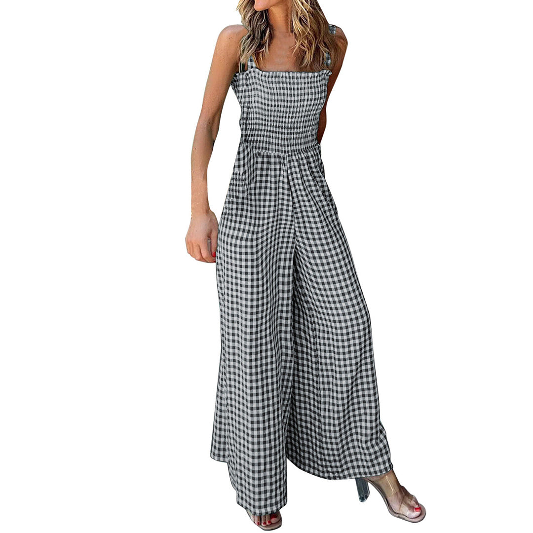 Women's Gingham Jumpsuit with Smocked Bodice and Wide-Leg Design – Perfect for Spring and Summer Casual Outings 0