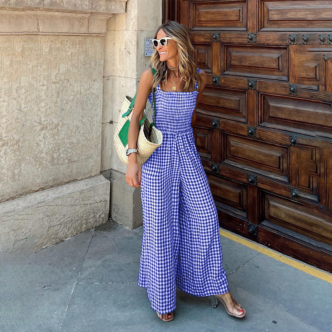 Women's Gingham Jumpsuit with Smocked Bodice and Wide-Leg Design – Perfect for Spring and Summer Casual Outings 1