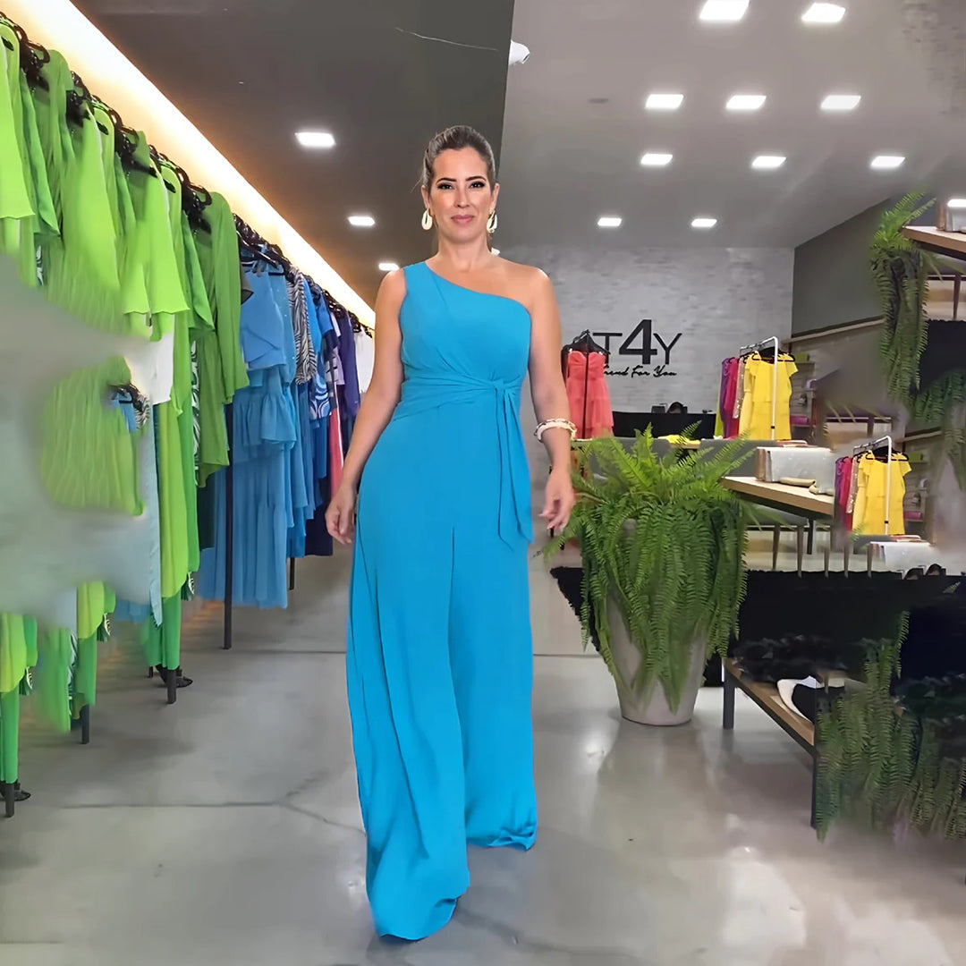 Women's Jumpsuit Green Size M Rayon Blend One-Shoulder Wide-Leg 5