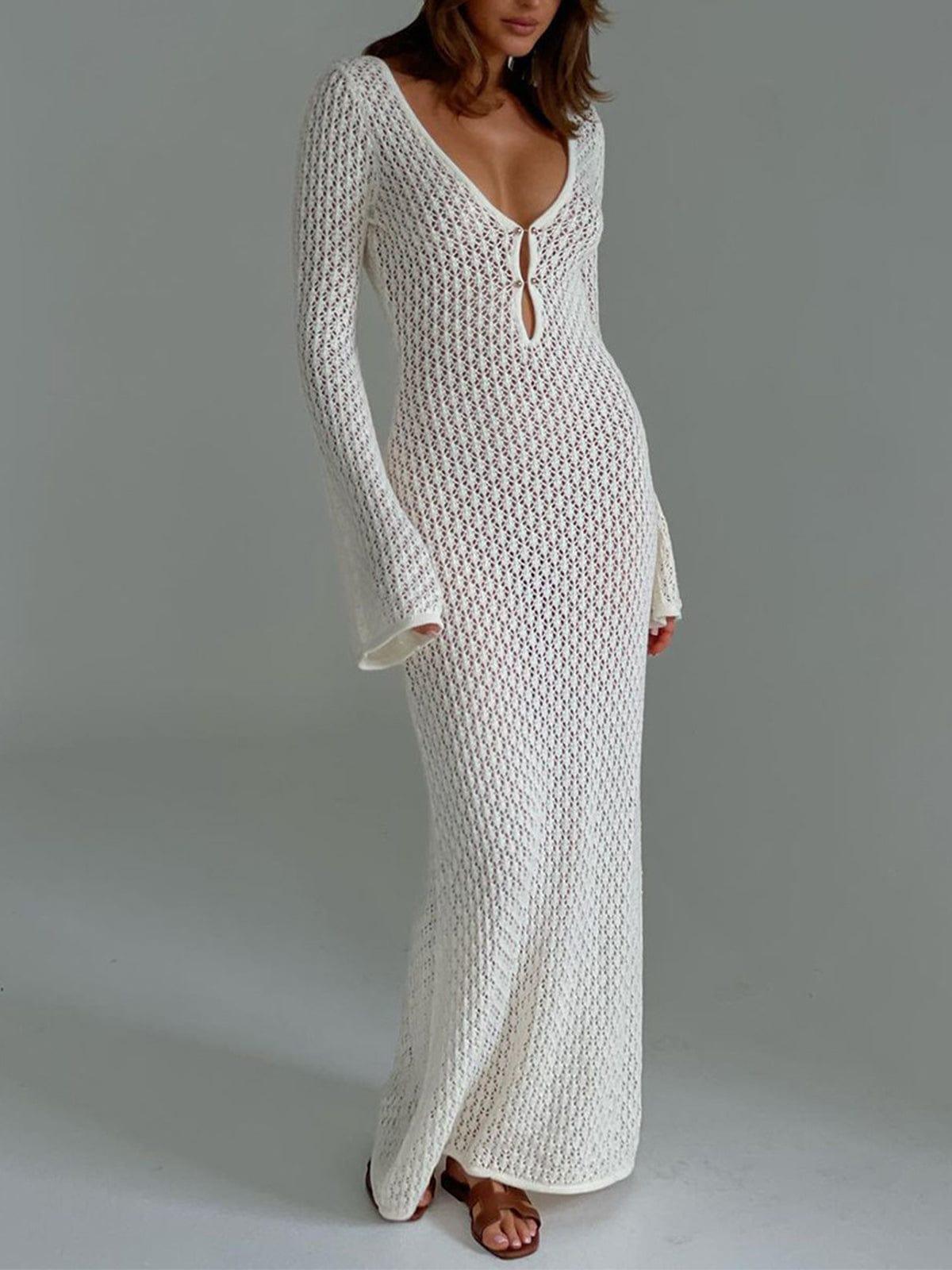 Women’s Knit Maxi Dress – Crochet Open Stitch – Long Sleeve – Deep V-Neck – Lightweight 0