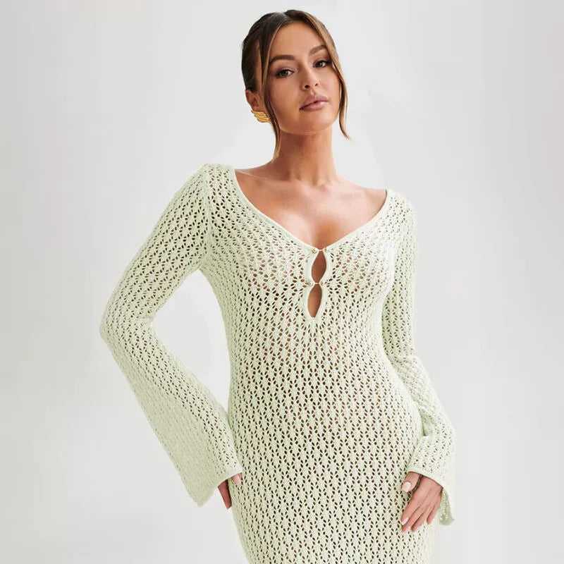 Women’s Knit Maxi Dress – Crochet Open Stitch – Long Sleeve – Deep V-Neck – Lightweight 6