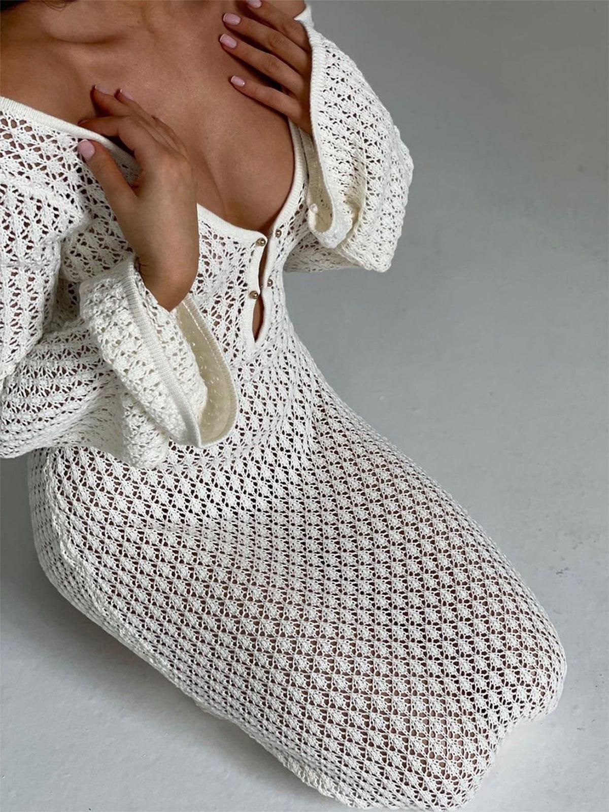 Women’s Knit Maxi Dress – Crochet Open Stitch – Long Sleeve – Deep V-Neck – Lightweight 8