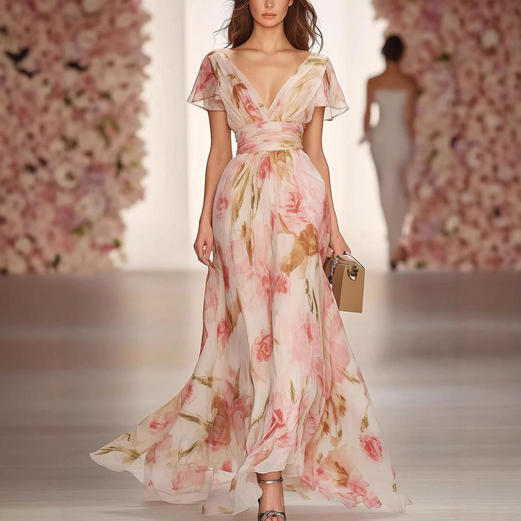 Women’s Maxi Dress – Fit and Flare – Deep V-Neck – Flutter Sleeve Floral Gown 0