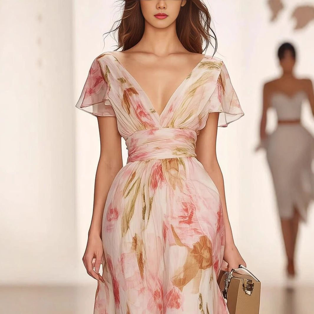 Women’s Maxi Dress – Fit and Flare – Deep V-Neck – Flutter Sleeve Floral Gown 1