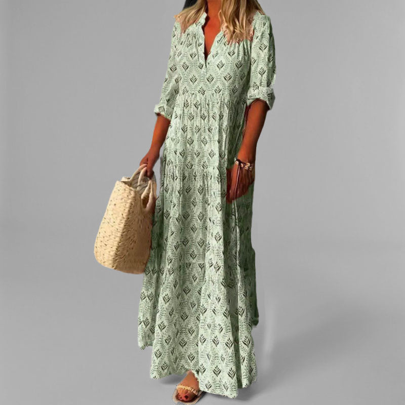 Women’s Maxi Dress – Lightweight Cotton – Loose Fit – V-Neck – Vintage Print – 3/4 Sleeve 1
