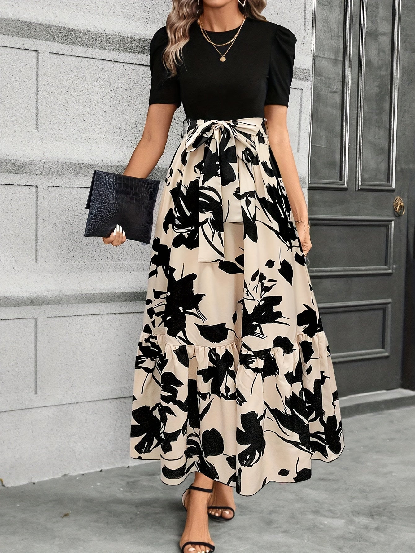 Women’s Maxi Dress – Puff Short Sleeve – Tie Waist – A-Line Fit – Floral Print 0