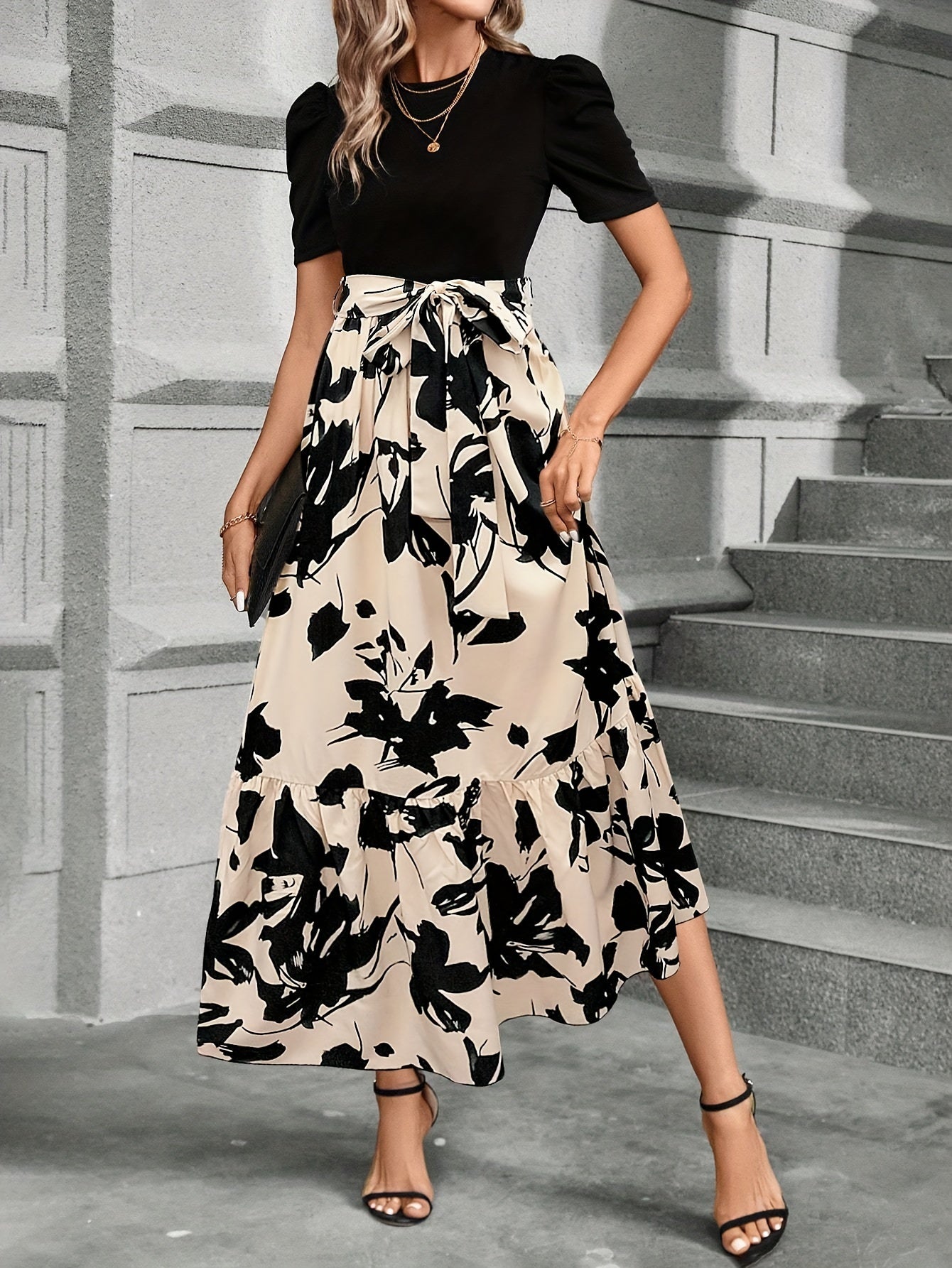 Women’s Maxi Dress – Puff Short Sleeve – Tie Waist – A-Line Fit – Floral Print 2