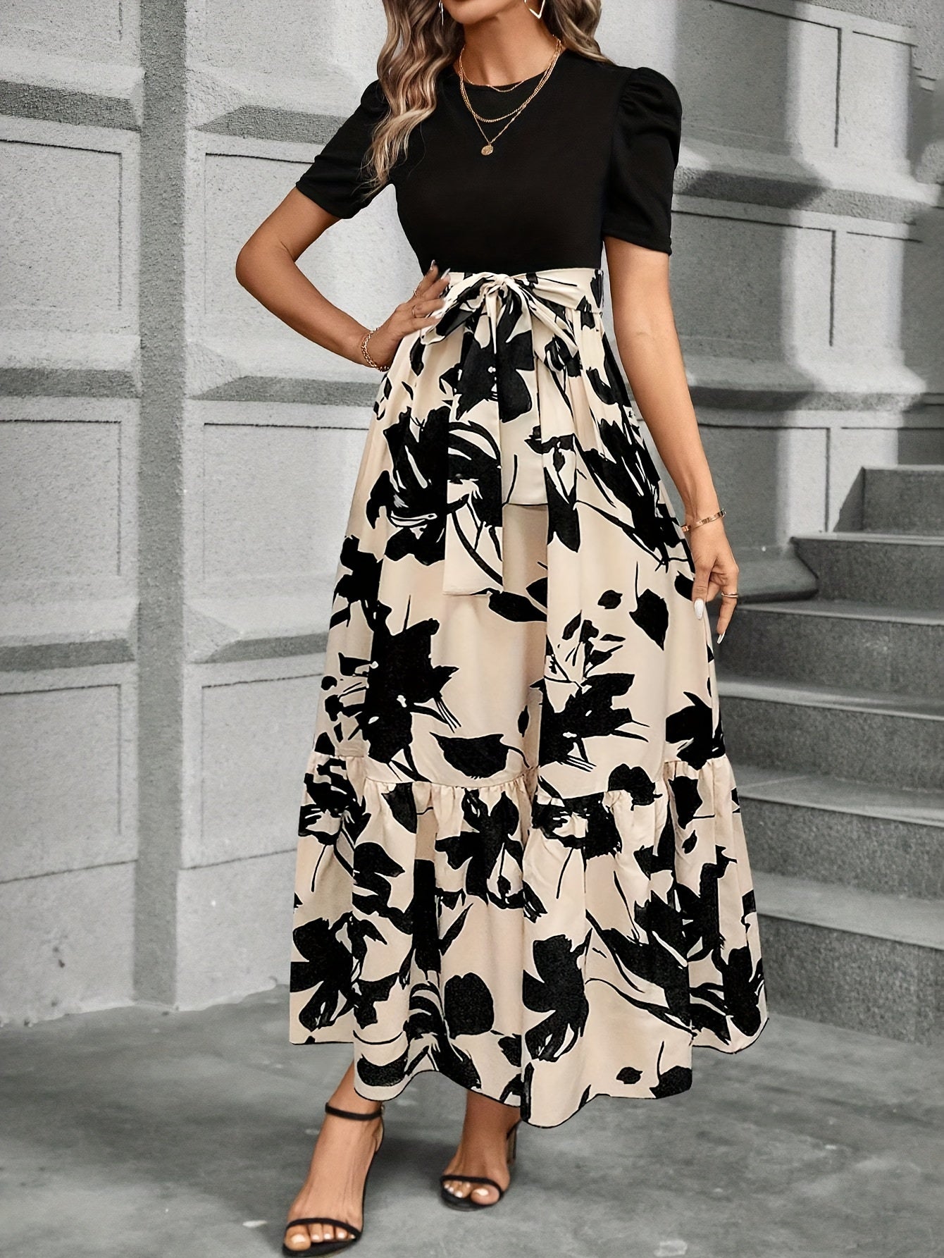 Women’s Maxi Dress – Puff Short Sleeve – Tie Waist – A-Line Fit – Floral Print 3