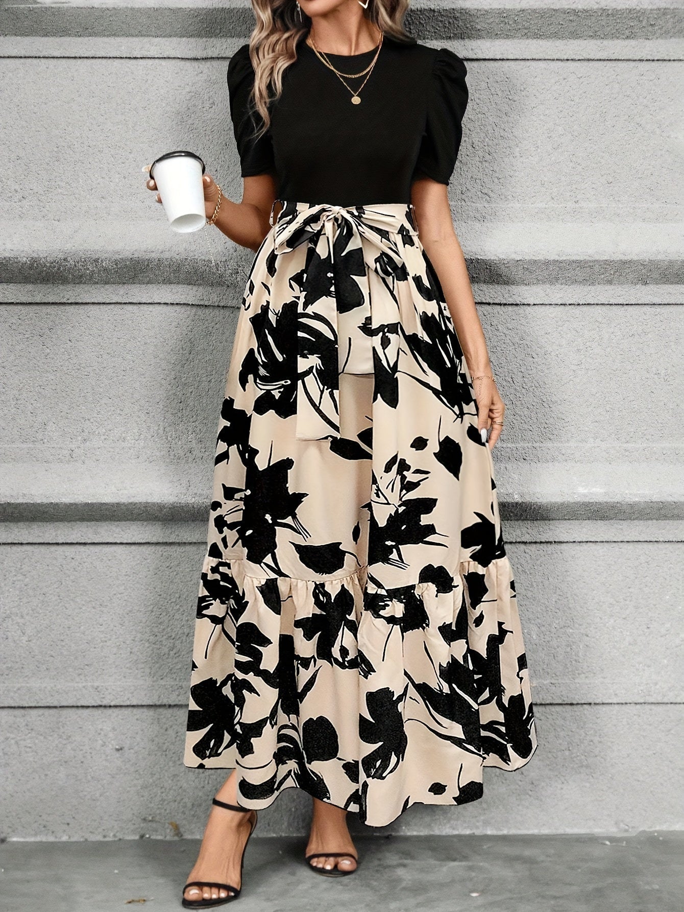 Women’s Maxi Dress – Puff Short Sleeve – Tie Waist – A-Line Fit – Floral Print 4