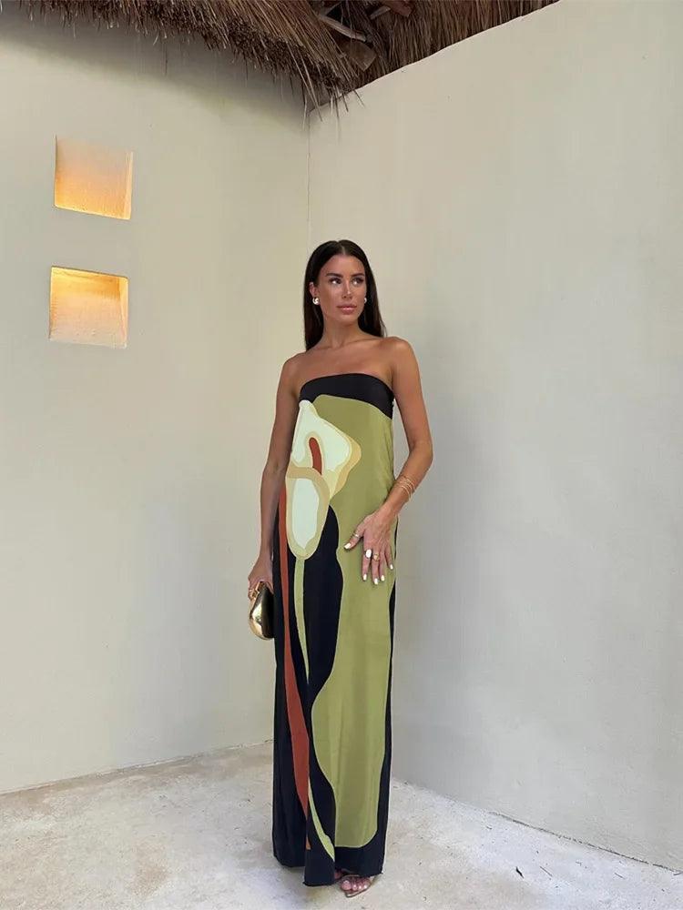 Women’s Maxi Dress – Strapless – Lightweight Fabric – Column Silhouette – Abstract Print 0