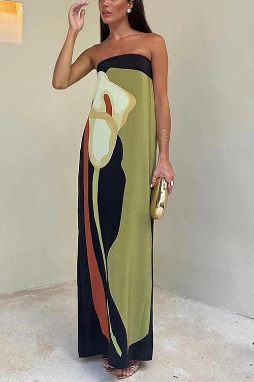 Women’s Maxi Dress – Strapless – Lightweight Fabric – Column Silhouette – Abstract Print 3