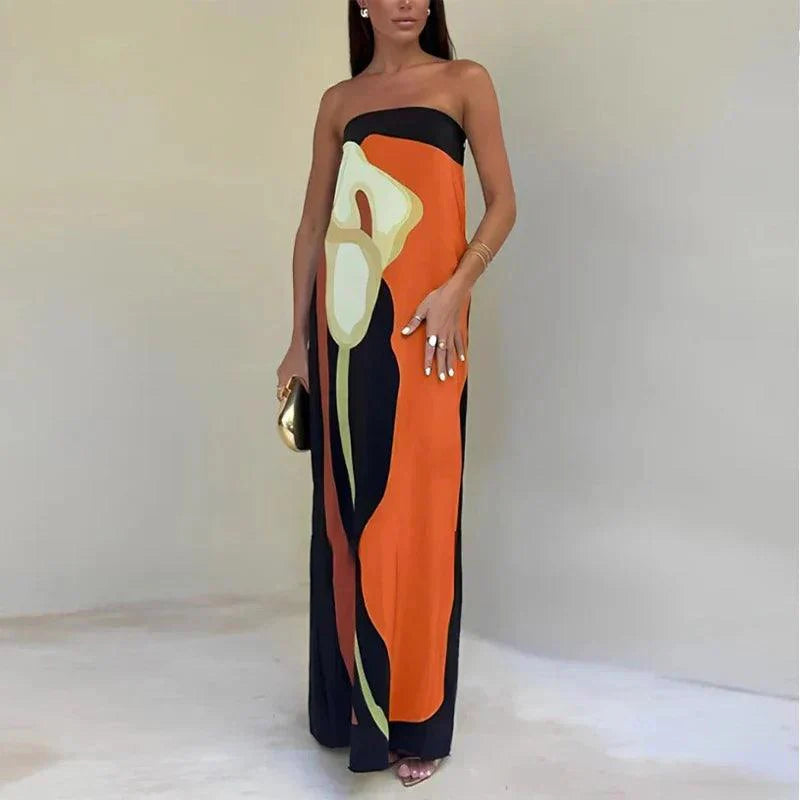 Women’s Maxi Dress – Strapless – Lightweight Fabric – Column Silhouette – Abstract Print 5