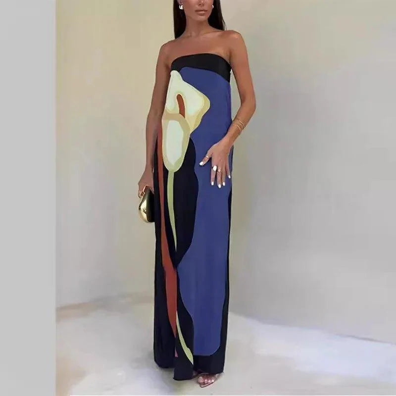 Women’s Maxi Dress – Strapless – Lightweight Fabric – Column Silhouette – Abstract Print 7