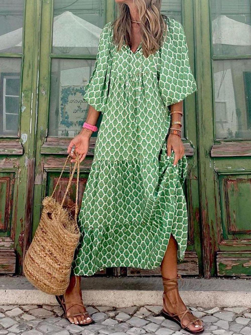 Women’s Maxi Dress – V-Neck – Tiered Skirt – Loose Fit – Lightweight Casual Style 0