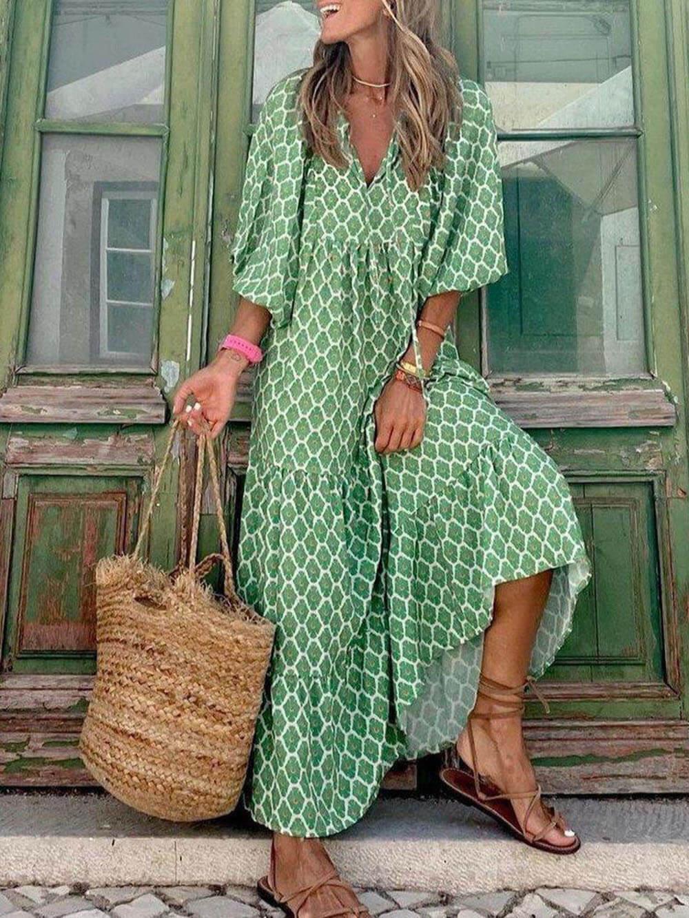 Women’s Maxi Dress – V-Neck – Tiered Skirt – Loose Fit – Lightweight Casual Style 1