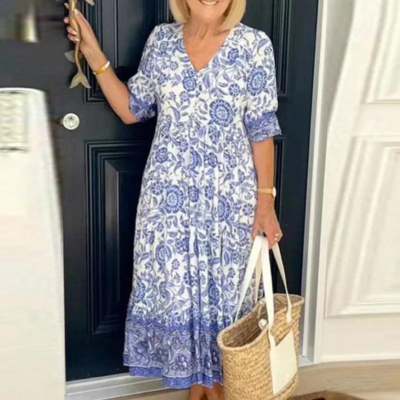 Women's Midi Dress - Floral Print - V-Neck - A-Line Loose Fit - Three-Quarter Sleeves 0