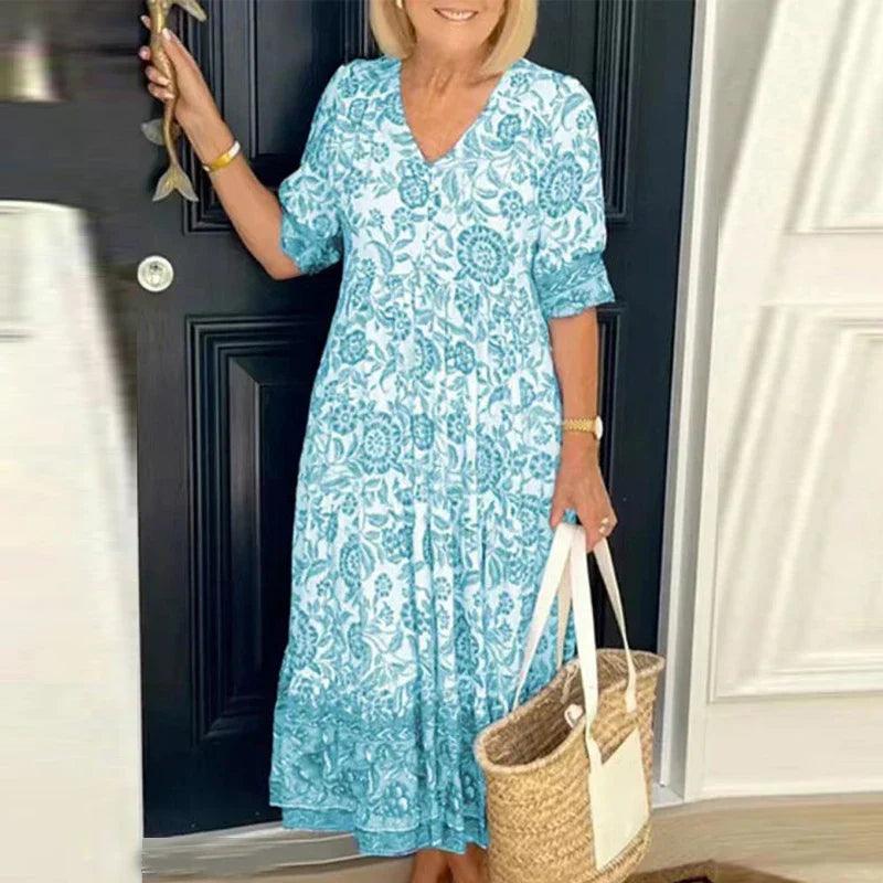 Women's Midi Dress - Floral Print - V-Neck - A-Line Loose Fit - Three-Quarter Sleeves 1