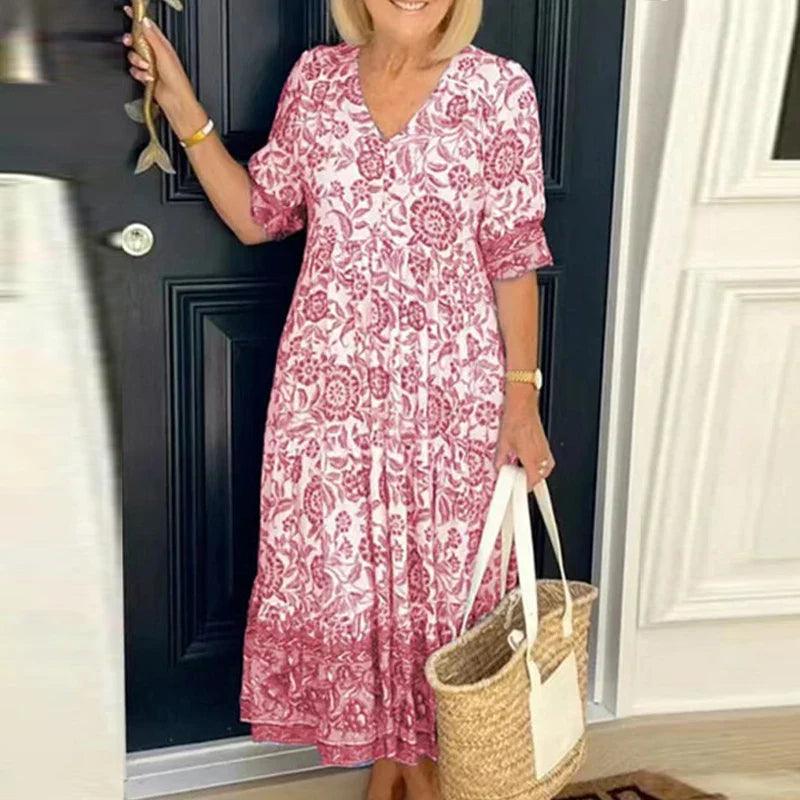 Women's Midi Dress - Floral Print - V-Neck - A-Line Loose Fit - Three-Quarter Sleeves 3