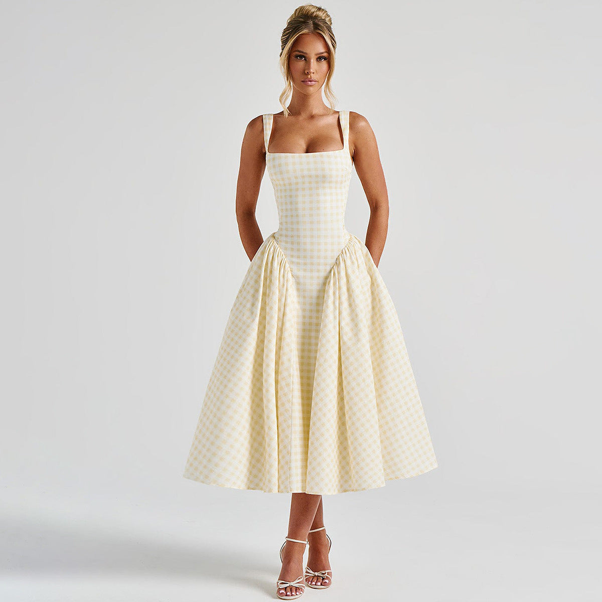 Classic Meets Chic – Checkered Square Neck Midi Dress with Princess Silhouette for Everyday Elegance