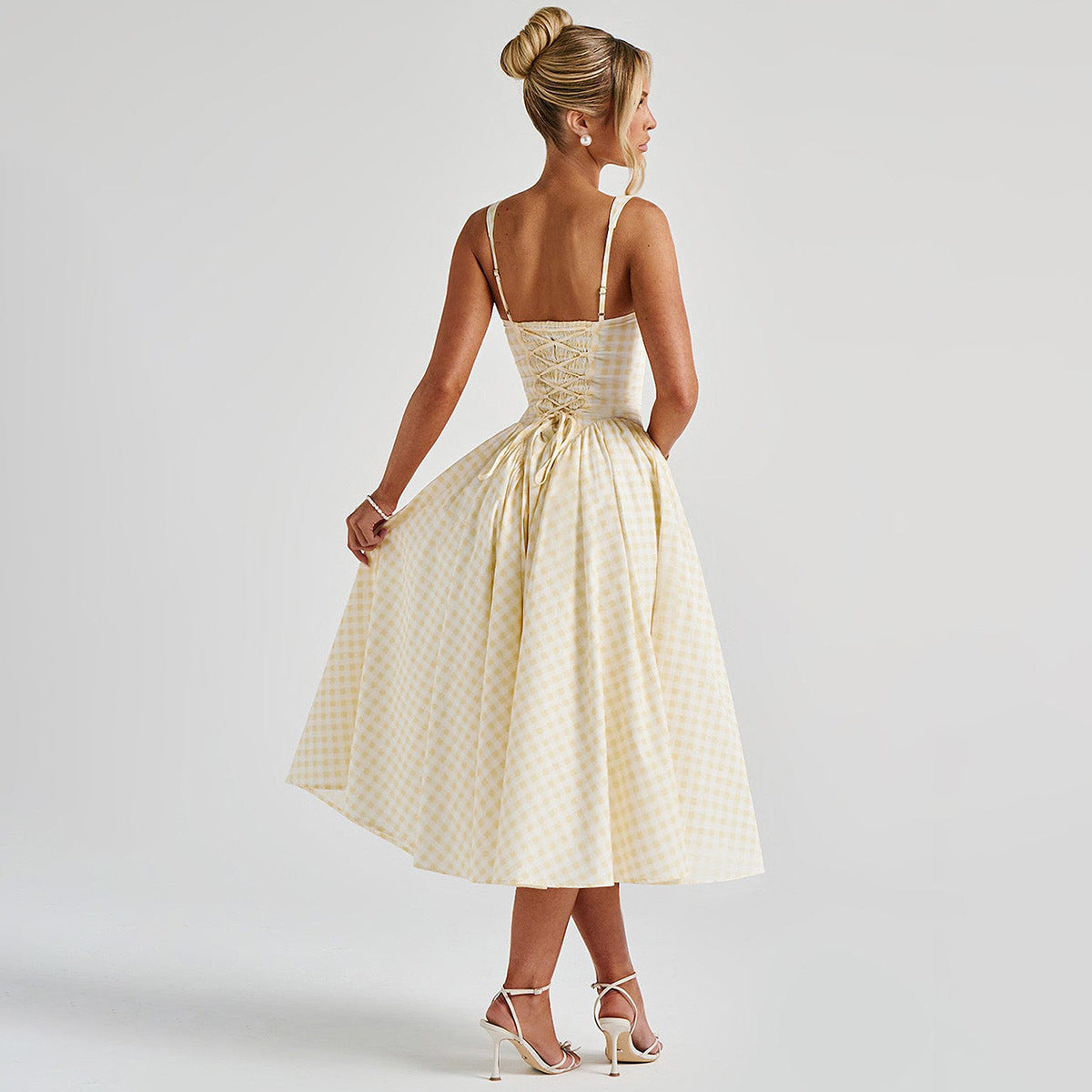 Classic Meets Chic – Checkered Square Neck Midi Dress with Princess Silhouette for Everyday Elegance
