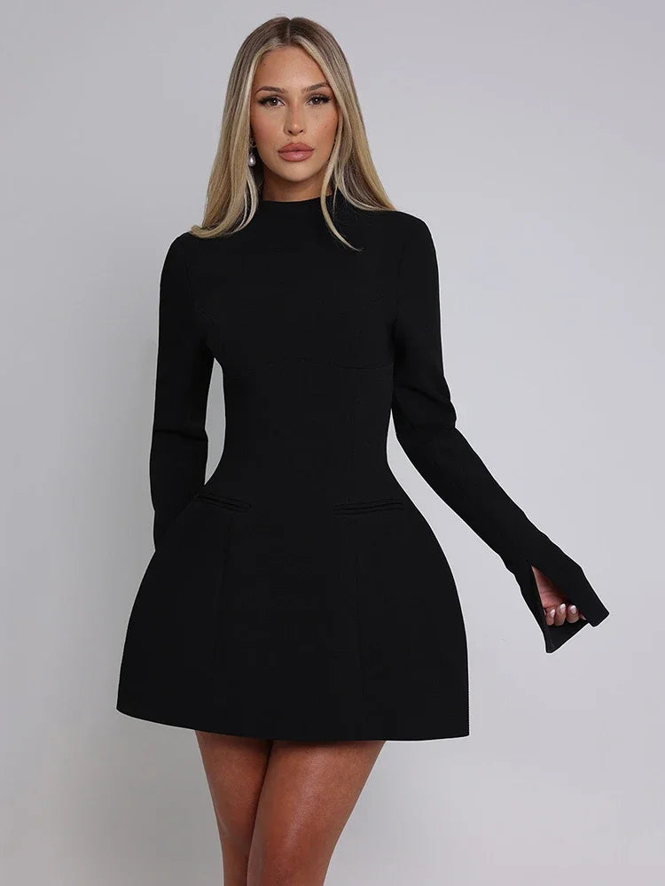 Women's Mini Dress - High Neck - Long Sleeve - Tailored Fit - A-Line Silhouette 0
