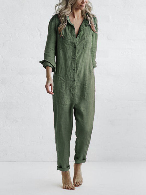 Women's Relaxed Fit Button Down Jumpsuit with Roll Tab Sleeves – Casual Straight Leg Design for Spring/Summer 0
