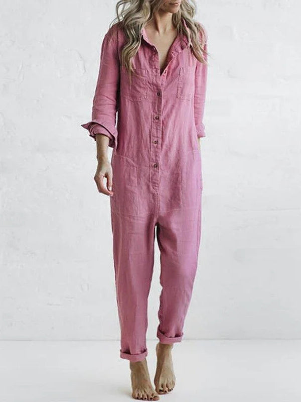 Women's Relaxed Fit Button Down Jumpsuit with Roll Tab Sleeves – Casual Straight Leg Design for Spring/Summer 1