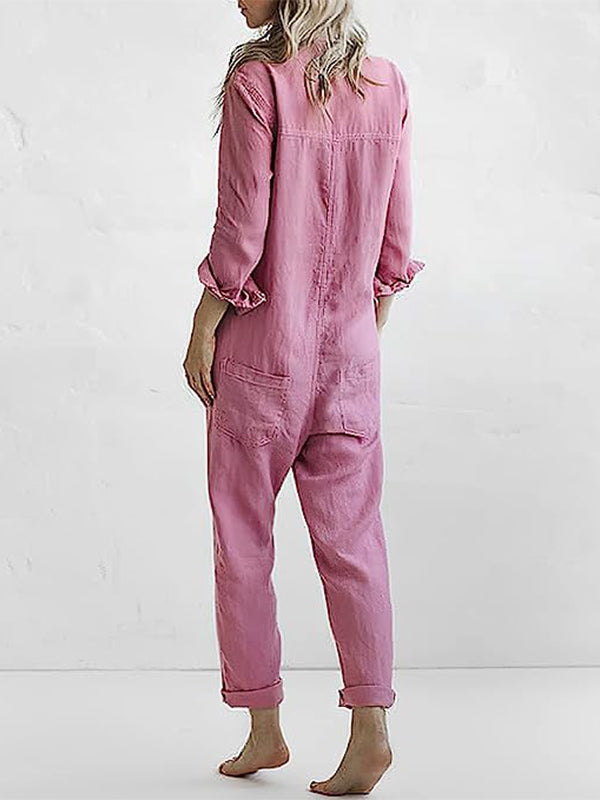 Women's Relaxed Fit Button Down Jumpsuit with Roll Tab Sleeves – Casual Straight Leg Design for Spring/Summer 6