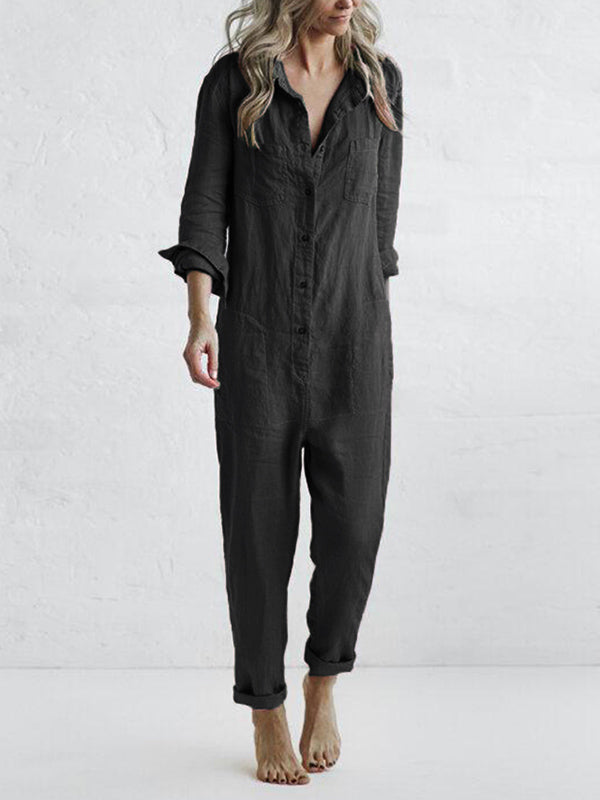 Women's Relaxed Fit Button Down Jumpsuit with Roll Tab Sleeves – Casual Straight Leg Design for Spring/Summer 8