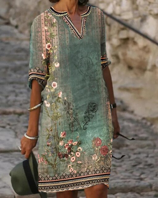 Women's Retro Floral Print Mini Dress - Summer Casual V-Neck Loose Style 0