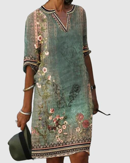 Women's Retro Floral Print Mini Dress - Summer Casual V-Neck Loose Style 1