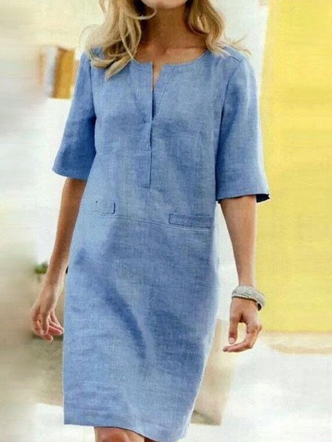 Women's Shift Dress - Cotton Linen Blend - Knee Length - Half Sleeve - V-Slit Neck 0