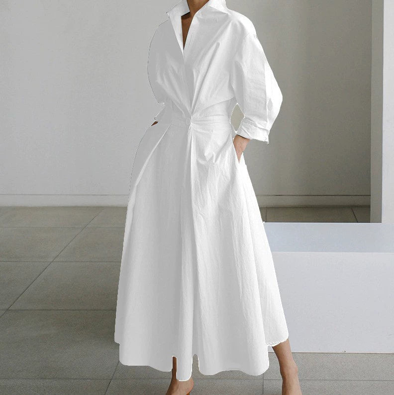 Women’s Shirt Dress – Button Front – Cinched Waist – A-Line Fit – Long Sleeve – Pockets 0