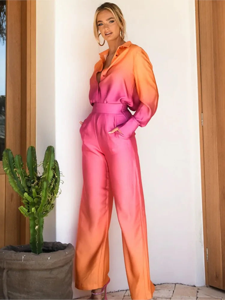 Women's Silky Satin Jumpsuit with Wide-Leg Fit and Button-Down Long Sleeves for Casual or Evening Wear 0