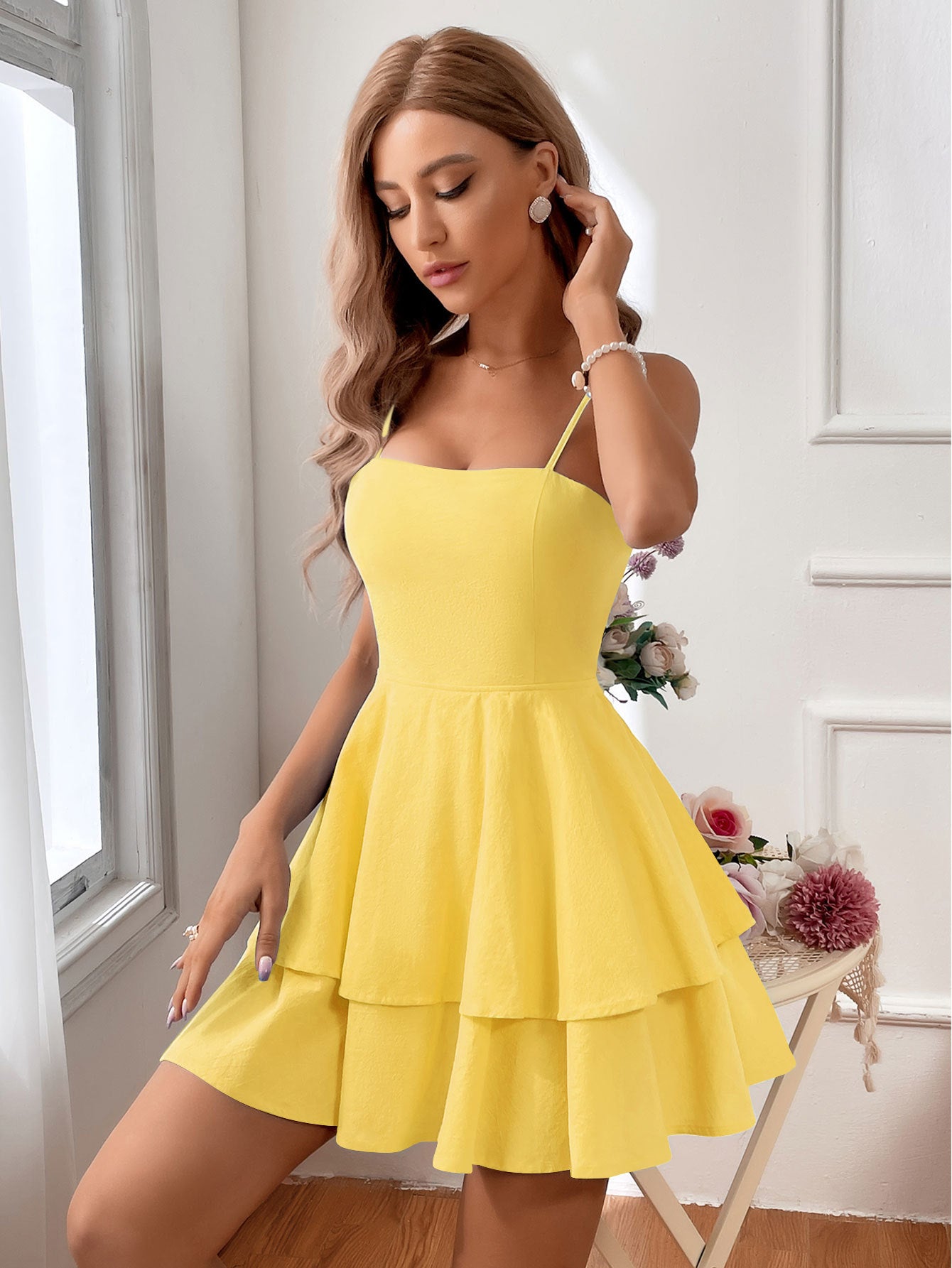 Women’s Sleeveless Mini Dress – Fitted Bodice – Tiered A-Line Skirt – Backless Strappy 6