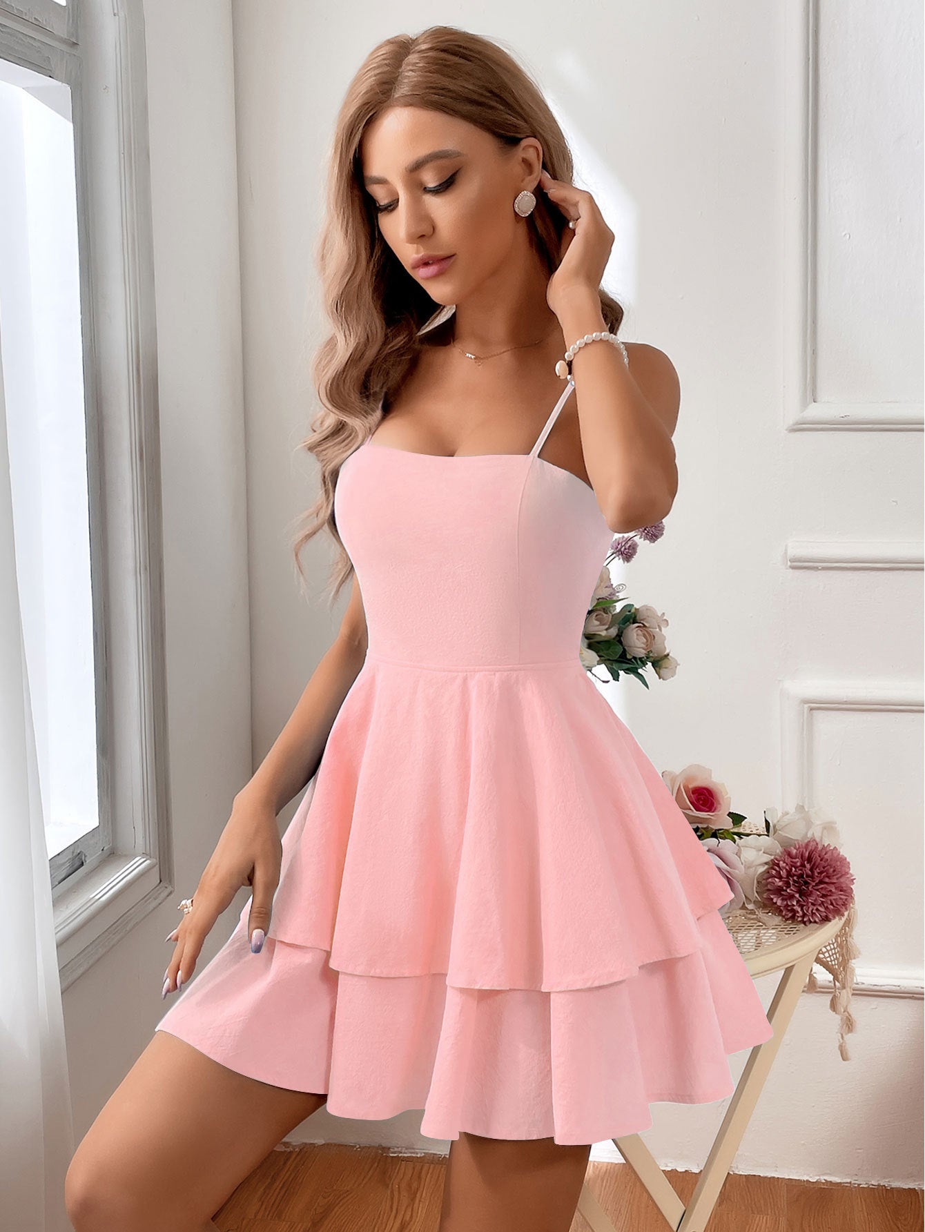 Women’s Sleeveless Mini Dress – Fitted Bodice – Tiered A-Line Skirt – Backless Strappy 7