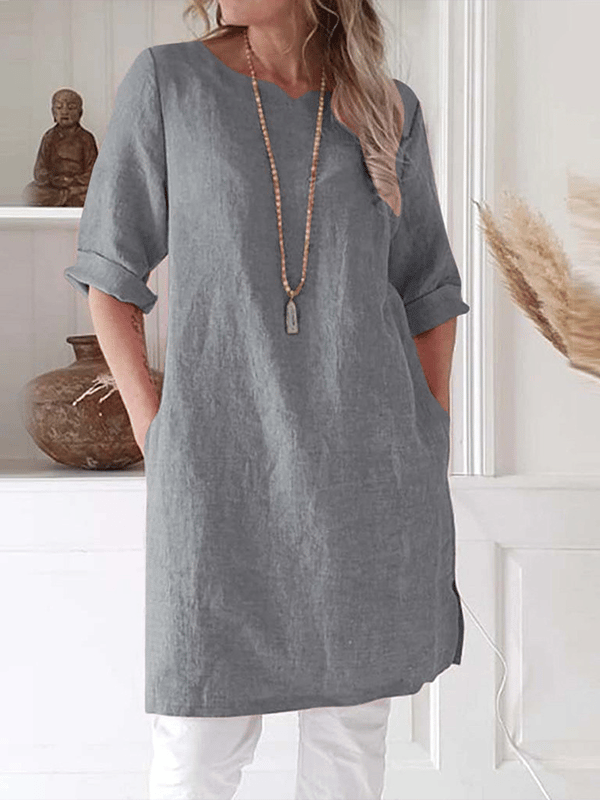 Women's Tunic Dress - Breathable Linen - Relaxed Fit - 3/4 Sleeve with Pockets 0