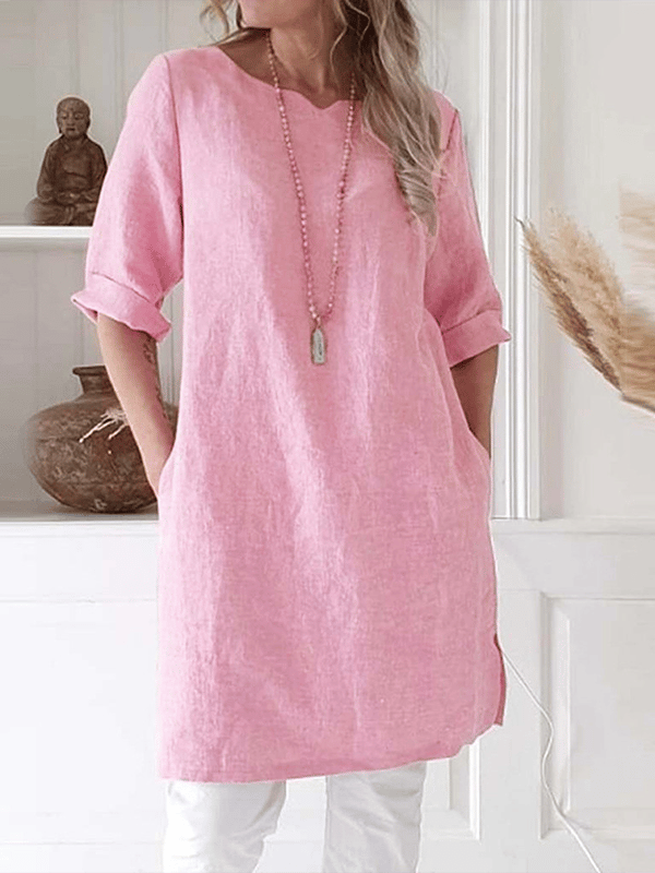 Women's Tunic Dress - Breathable Linen - Relaxed Fit - 3/4 Sleeve with Pockets 1