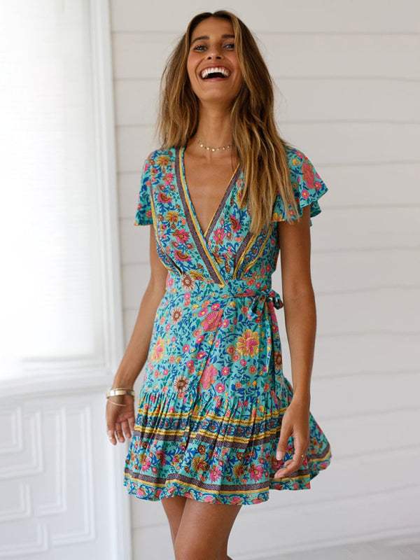 Women's Wrap Dress - Floral Print - V-Neck - Short Flutter Sleeves - Flowy Silhouette 1
