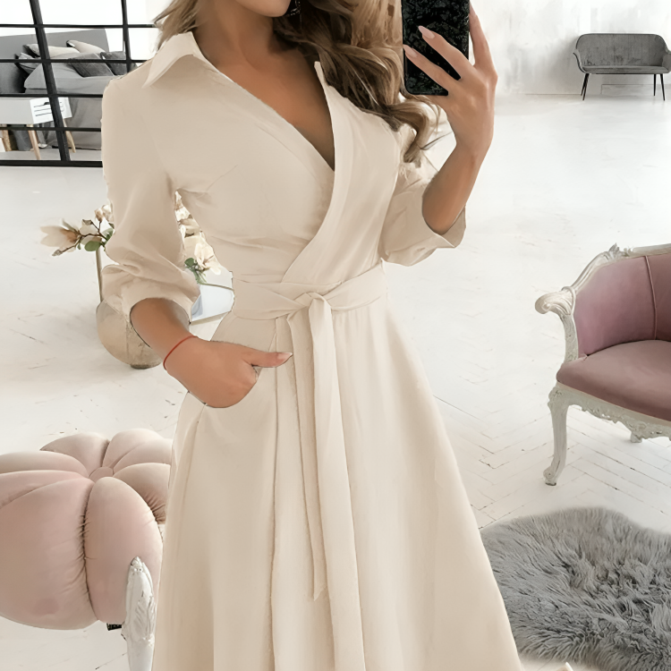 Women's Wrap Dress - V-Neck - Self-Tie Waist - 3/4 Sleeve - Flowy A-Line Silhouette 0